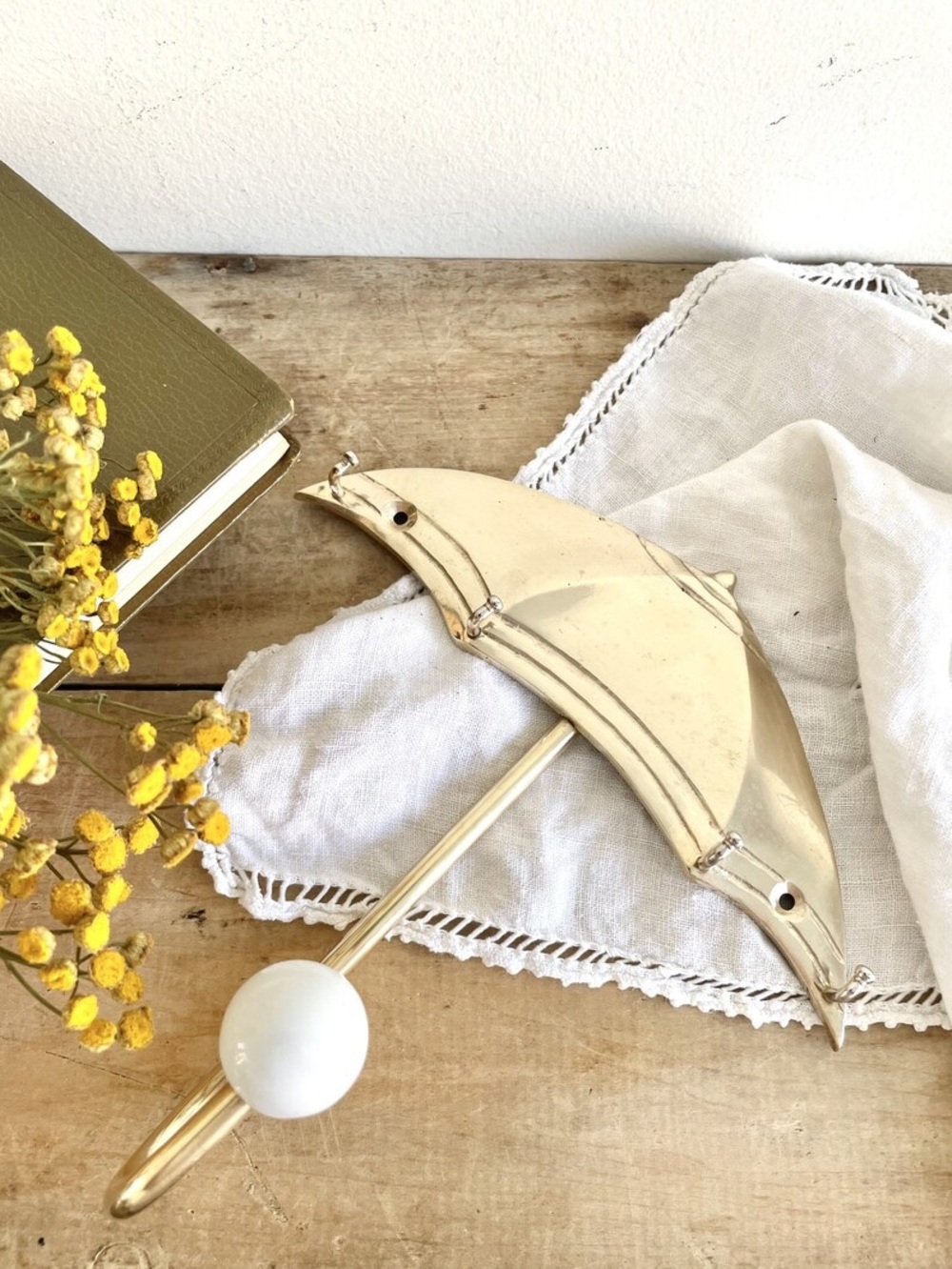 Gold Umbrella Wall Hook with White Ceramic Accent